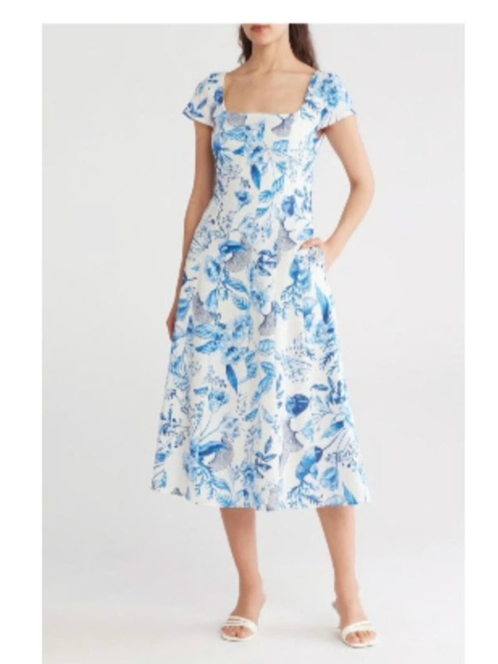 Avec Les Filles Midi Dress Sz 6 Floral Blue White Toile Cotton Cottagecore EUC